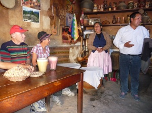 Enjoying chica (alcohol made by fermenting corn) at a local chiceria